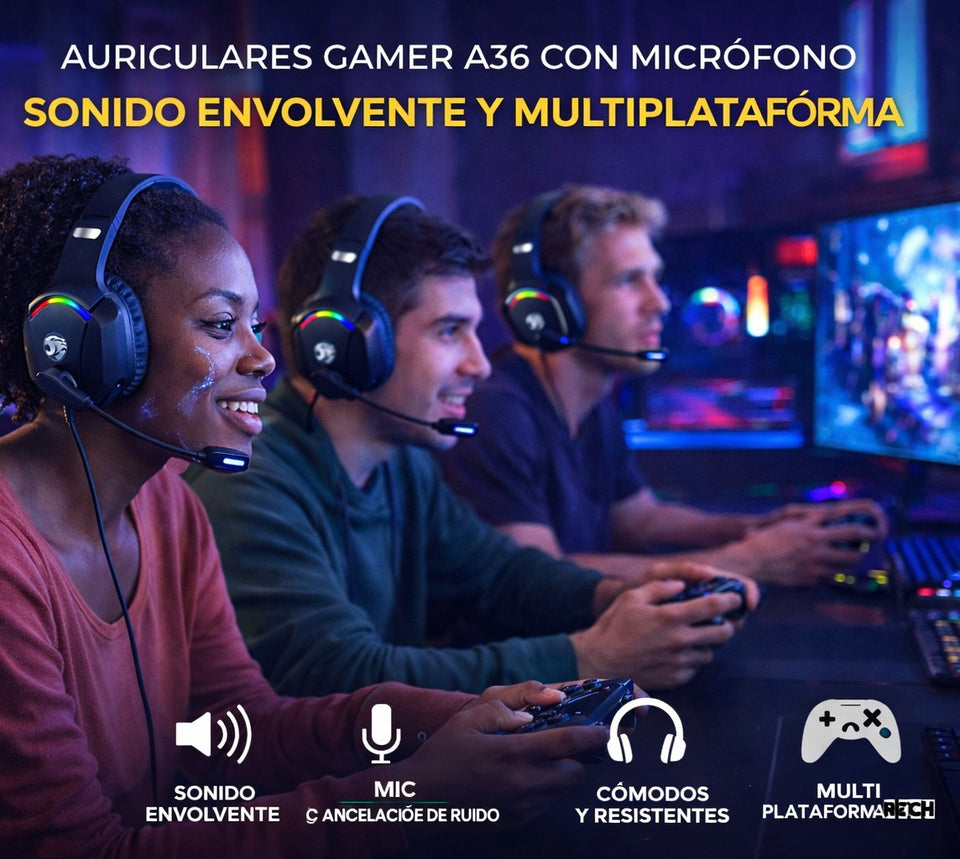 Auriculares Gamer A36 con Micrófono – Sonido Envolvente y Multiplataforma